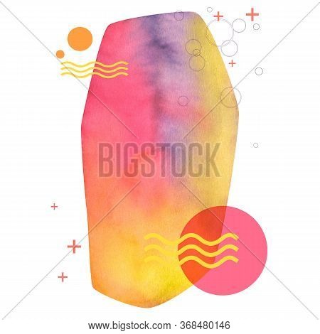 Colorful Geometrical Watercolor Shape Decorated With Waves Circles And Plusses And Isolated On White
