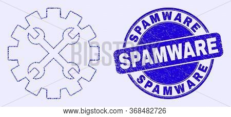 Geometric Tools Gear Mosaic Pictogram And Spamware Seal Stamp. Blue Vector Rounded Grunge Stamp With