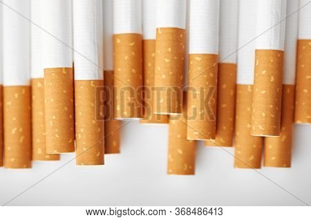 Set Сigarette Close Up Isolated On White Background. Smoking. Bad Habits. Smoking Leads To Lung Canc