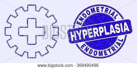 Geometric Plus Gear Mosaic Icon And Endometrial Hyperplasia Stamp. Blue Vector Round Distress Seal S