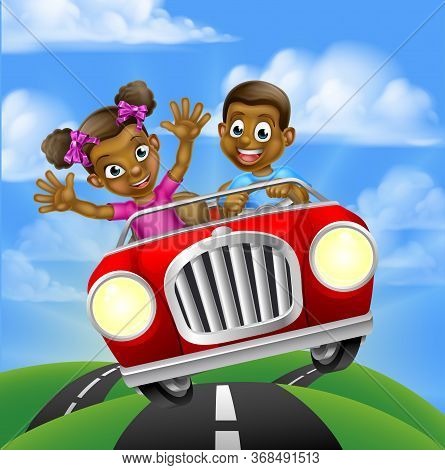 A Cartoon Boy And Girl Having Fun Driving Fast In A Car On A Road Trip