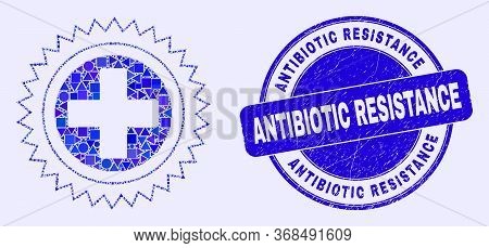 Geometric Medical Cross Mosaic Pictogram And Antibiotic Resistance Seal Stamp. Blue Vector Round Gru