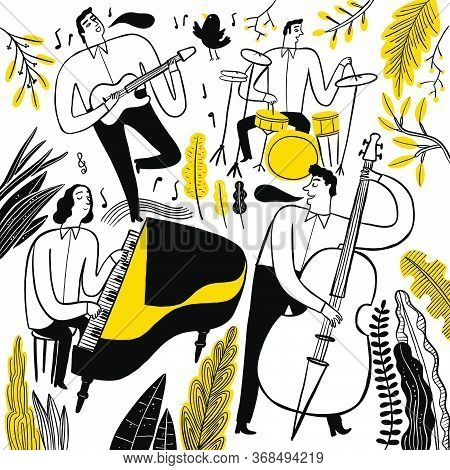 Hand Drawing The Musicians Playing Music In The Park