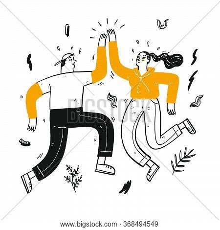 Happy Couples Doing Hi5, Vector Illustration Doodle Style