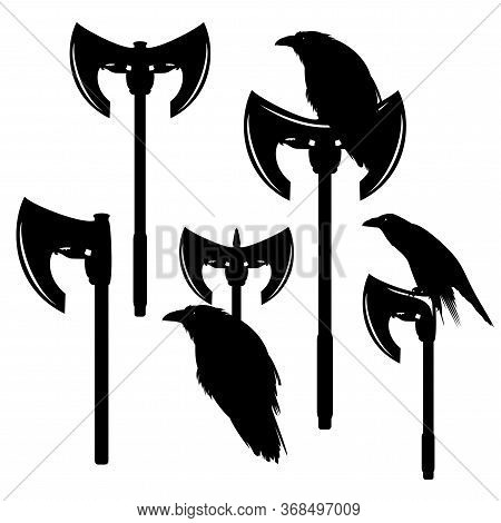 Raven Bird Sitting On A Nordic Style Long Pole Axe - Viking Warrior Symbol Black And White Vector De