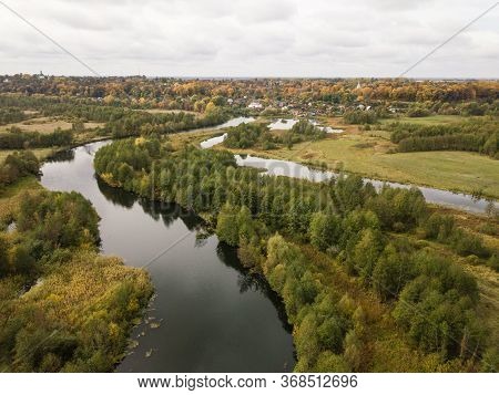 Aerial View Of River Snov In Autumn Near Village Of Sednev, Ukraine.