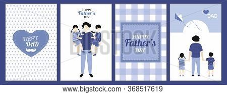Set Of Father's Day  Greeting Card , Brochures, Poster Or Banner In Flat Style In Blue Colour. Vecto