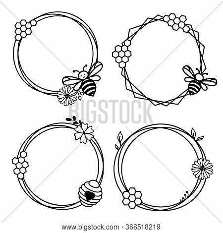 Floral Frame With Honey Bee And Honeycombs. Cute Bee Wreath Circle Frame Border Vector.