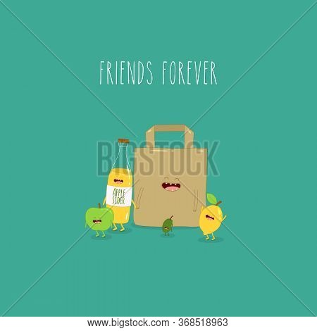 Apple Sider Olives Lemon Paper Bag Friends Forever. Vector Illustration.