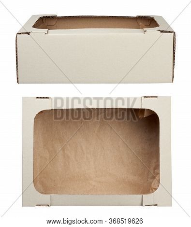 Empty White Paper Box Made Of Corrugated Cardboard With Parchment Paper On The Bottom And Without A 