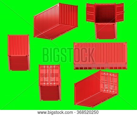 A High Quality Image Of A Red 20ft Shipping Container On A Green Background With Clipping Path. Twen