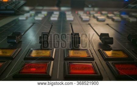 Front Panel Of Music Radio Console In Dark Room