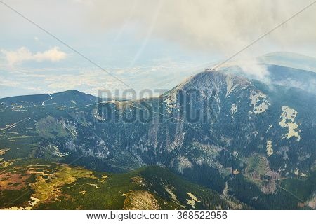 Summer Aerial View Of Snezka Mountain Summit In Krkonose Mountains, Czechia/ Poland.
