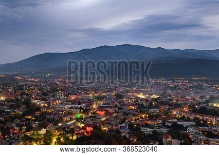 Top View On The Evening City Of Khust, Transcarpathia Ukraine.