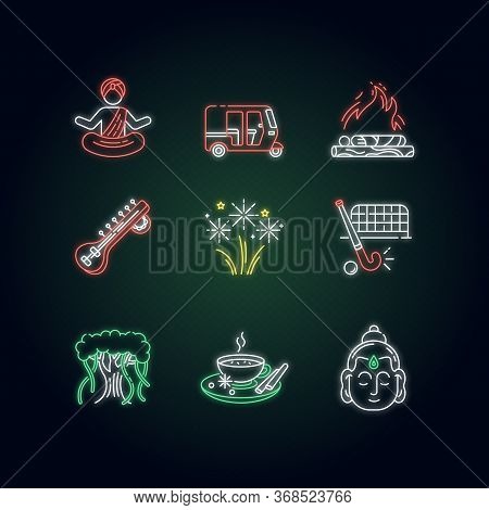 Indian Customs Neon Light Icons Set. Religious Symbols. Buddha. Sitar. Yoga Practitioner. Hindu Fune