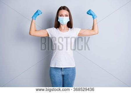 Photo Of Cool Lady Raise Fists Demonstrate Strong Immune System Virus Immunity Self-confident Person