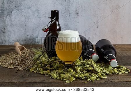 Craft Pale Ale In A Glass With Beer Growlers And Green Dry Hops. Home Brewing. Copy Space.