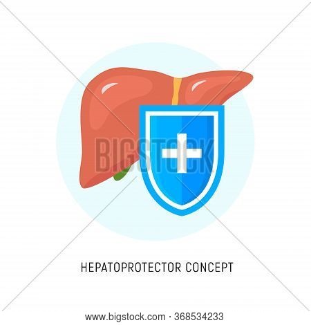 Hepatoprotector Concept Icon, Healthy Liver Flat Icon Shield. Liver Care Guard Icon
