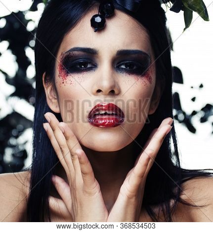 Pretty Brunette Woman With Rose Jewelry, Black And Red, Bright Make Up Kike A Vampire Closeup Red Li