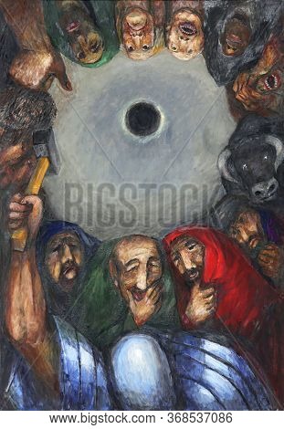 WASSERALFINGEN, GERMANY - MAY 05, 2014: Crucifixion: Jesus is nailed to the cross, 11th Stations of the Cross by Sieger Koder in St. Stephen's church in Wasseralfingen, Germany