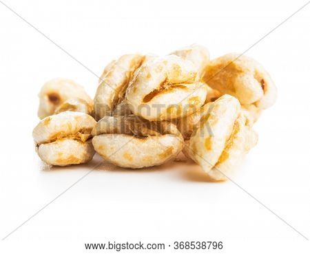 Puffed wheat covered with honey isolated on white background.