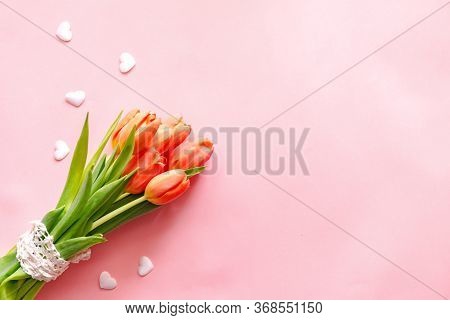 Orange Ulips On Pink Background With A Copy Space For An Advertisement. Women's Day Greeting Card.