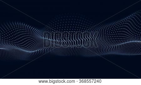 Abstract Blue Background Of Moving Particles. Futuristic Dotted 3D Wave. Big Data. Vector Illustrati
