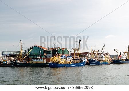 Urk Netherlands May 2020, Fishing Boats In The Harbor Of Urk Preparing For Going Back Fishing After 