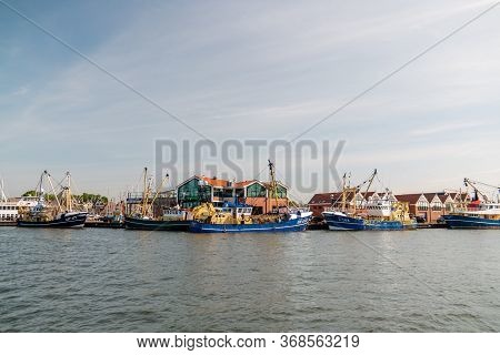Urk Netherlands May 2020, Fishing Boats In The Harbor Of Urk Preparing For Going Back Fishing After 