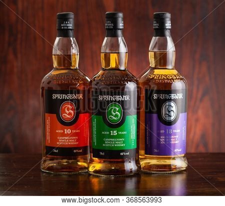 Trondheim, Norway - May 26 2020: Springbank single malt scotch whisky three bottles 10, 15, 18 years
