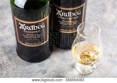 Trondheim, Norway - May 20 2020: Ardbeg Corryvreckan and Uigeadail single malt scotch whisky bottle and glass
