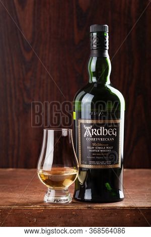 Trondheim, Norway - May 20 2020: Ardbeg Corryvreckan single malt scotch whisky bottle and glass