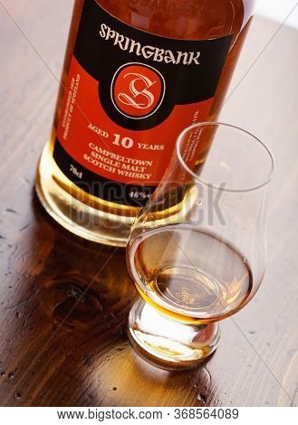 Trondheim, Norway - May 26 2020: Springbank single malt scotch whisky bottle and glass