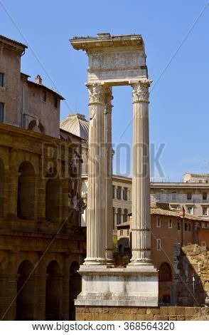 Rome, Italy - September 12, 2016 : The Historical Three Columns Of The Temple Of Apollo Sosianus In 