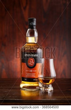 Trondheim, Norway - May 26 2020: Springbank single malt scotch whisky bottle and glass