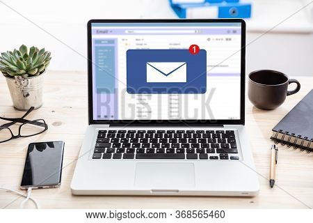 Email Message Inbox Notification On Laptop Screen, Business Background