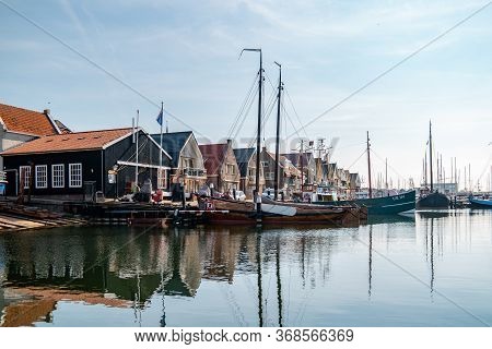 Urk Netherlands May 2020, Fishing Boats In The Harbor Of Urk Preparing For Going Back Fishing After 