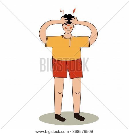 A Person Having A Headache, Migraine. Overheat. Magnetic Storms. Weather Dependence. Vector Illustra