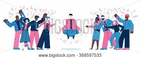 Cartoon Man In Meditation Yoga Pose Among Angry Screaming People - Calm Businessman Floating In Lotu