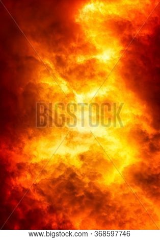 Flames Burn On Clouds In Hot Sky, Brun Cloudy With Orange And Red Light