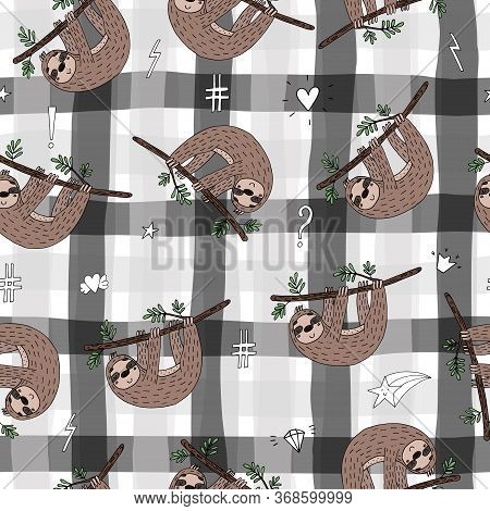 Seamless Pattern With Cute Doodle Sloth Print. Creative Kids Hand Drawn Texture For Fabric, Wrapping