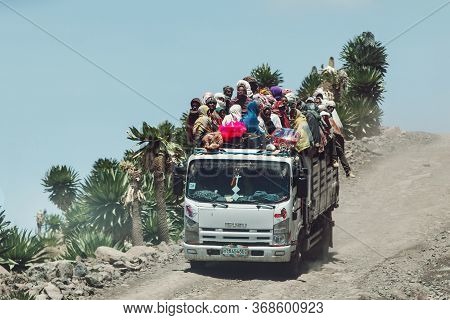 Simien Mountain, Ethiopia, April 24th.2019, People Traveling Dangerously On Truck In Simien Mountain
