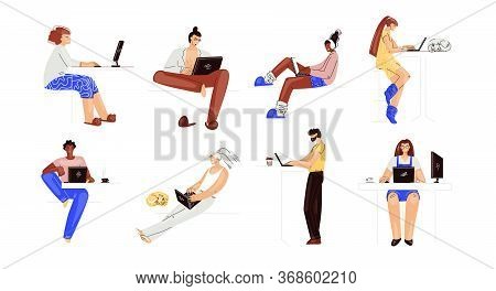 Vector Set Of People Working On A Laptop. Man And Woman Multiracial Characters, Working Remotely At 
