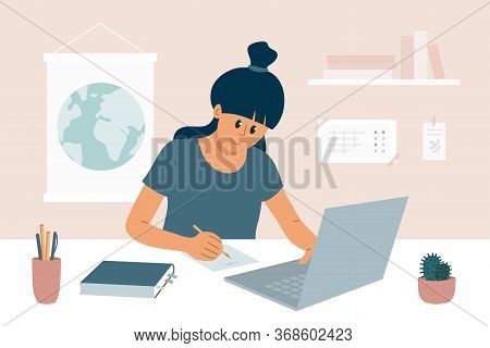 Stay At Home, Study Remotely. E-learning, Online Education, Student Internet Courses. Cute Girl Sitt