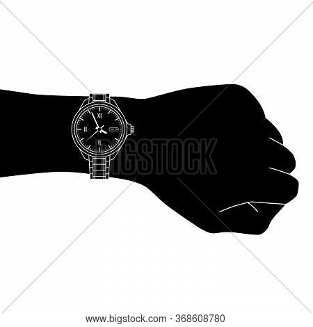 Black Silhouette сlassical Stylish Man Wristwatch On Hand. Vector Flat Illustration