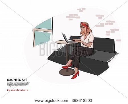 Woman Working On Laptop In Cafe, Freelancer Student Girl Business Computer Working Art. Vector Lifes