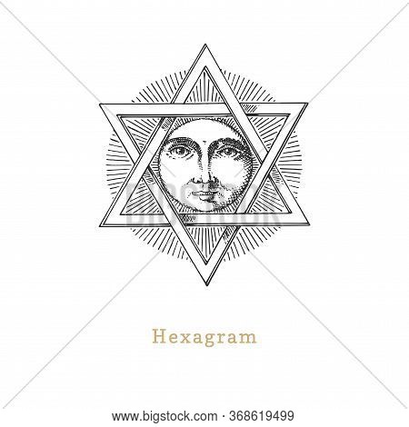 Pentagram And Sun, Vector Illustration In Engraving Style. Vintage Pastiche Of Esoteric And Occult S