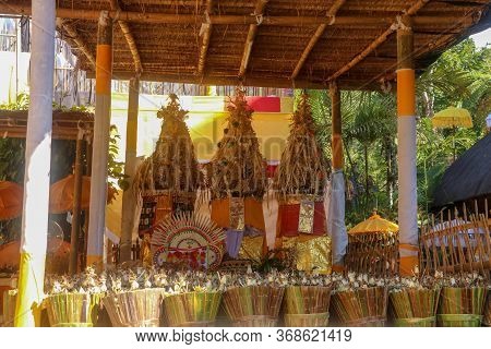 Hindu Offerings Prepared For Ceremonies At Batukaru Temple On Bali Island In Indonesia. Traditional 
