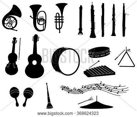 Set Of Musical Instruments, Black Silhouettes Vector Ilustration