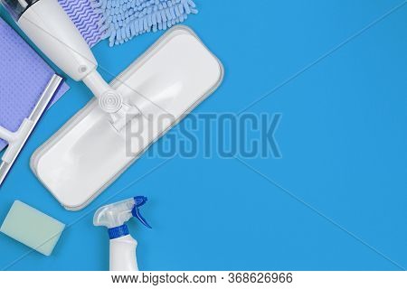 Housework, Housekeeping, Household, Cleaning Service Concept. Cleaning Spray Mop With Rags And Spong
